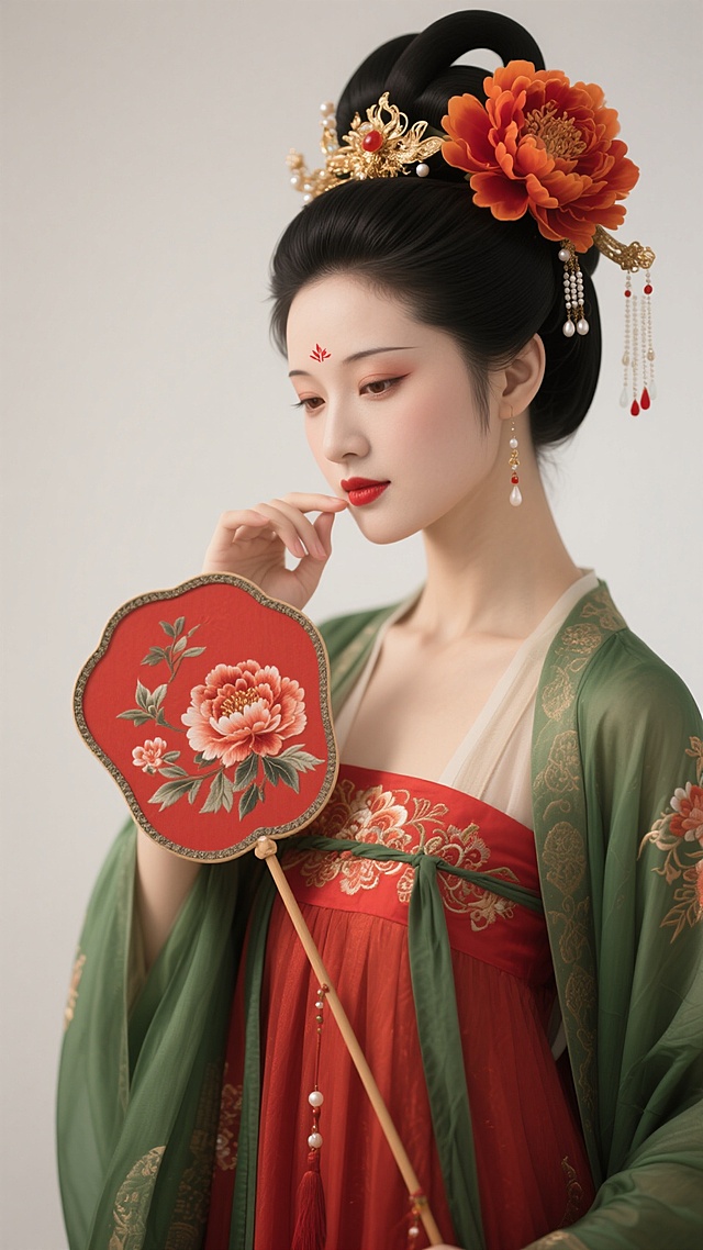 超写实古风美人，盛唐宫廷风格，黑色高髻装饰金色步摇、珍珠流苏、红色与橙色大朵牡丹花，眉间一点朱砂红妆，棕色眼眸含情，樱桃红唇，身着红色唐制襦裙配绿色披帛，手持红色绣花团扇，肌肤白皙细腻，光影柔和立体感强，背景为简约素色，人物神情或娇羞低头、或远眺沉思、或浅笑嫣然，动作或轻抚鬓角、或执扇半遮面、或拈花轻嗅，服饰细节精致有刺绣纹理，整体氛围典雅华贵，无任何文字元素。