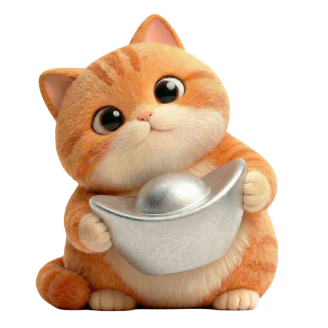 给小猫手中的传统银元宝添加磨砂质感效果，降低光泽，保持小猫整体姿势、角度和风格不变，其他元素不改动预览效果