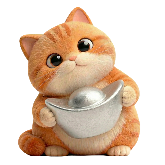 给小猫手中的传统银元宝添加磨砂质感效果，降低光泽，保持小猫整体姿势、角度和风格不变，其他元素不改动