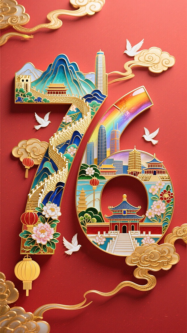 数字“76”进行解构用元素拼接而成，数字笔画填充建筑（长城、山脉、故宫、天坛、高楼大厦等）、鲜花、灯笼，白鸽点缀，光影交织，边缘环绕着金色的祥云，红色背景