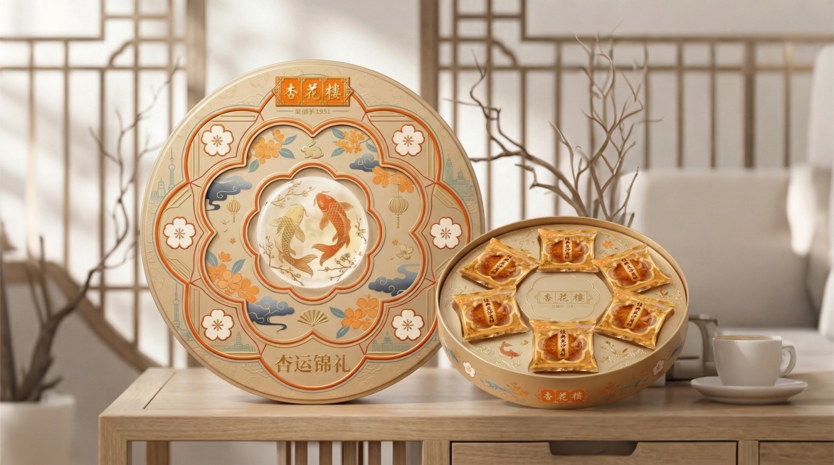在原图片中圆形礼盒的旁边新增一个相同品牌、相同外观风格的打开圆形礼盒，打开的礼盒内部放置6张图二中的杏花楼经典豆沙月饼小包装袋，月饼包装袋均匀环绕礼盒中心摆放，保持和原图一致的光影效果、新中式中式家居预览效果