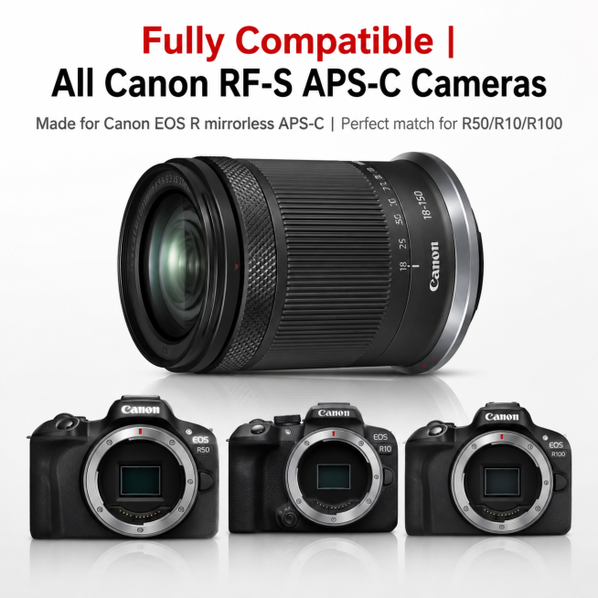 根据佳能RF-S18-150mm F3.5-6.3 IS STM样张产品图生成6张带场景突出产品卖点的速卖通主图，设计一套完整的产品主图，需要每张主图都突出产品的卖点，输出的图片每一屏都必须是1：1预览效果