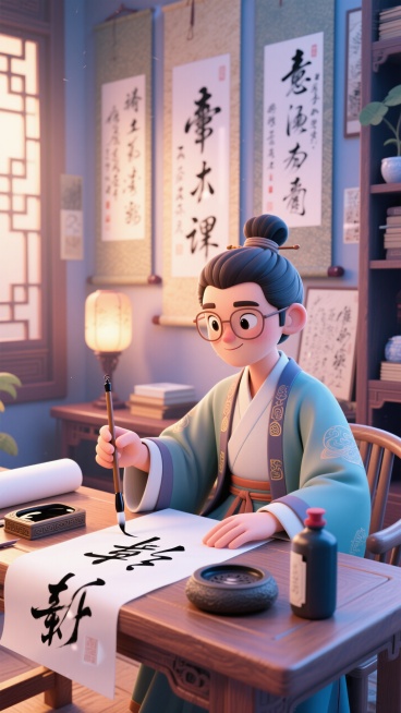 3D 卡通书法网课老师，穿着传统居家汉服，坐在书桌前手持毛笔在宣纸上写字，对着摄像头展示书写过程，身边有砚台和墨水瓶，背景是挂着书法作品的书房，充满传统文化气息预览效果