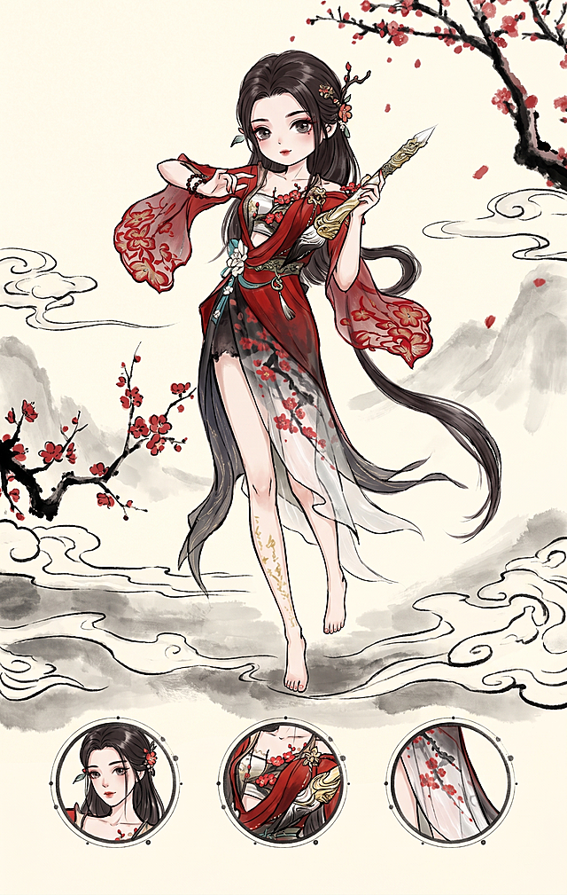 将图1中的人物顾清寒调整为图2的Q版卡通手绘国风画风，保留原人物的红衣梅花服饰、判官笔武器和整体造型姿势