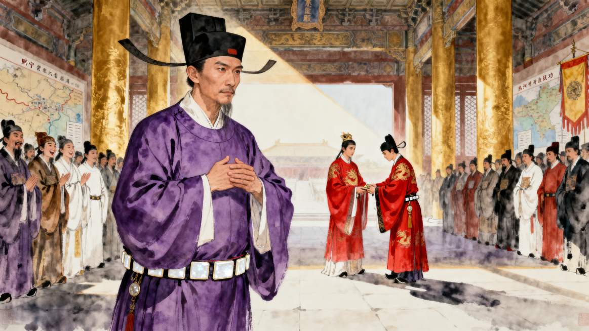 中国传统工笔与写意结合风格绘画，表现北宋熙宁六年紫宸殿赐带场景，王安石变法巅峰时期君臣相知的历史瞬间。王安石约50岁，面容清瘦刚毅，颧骨略高，眉宇间有忧国忧民之色，目光坚定锐利，嘴角微抿，神情自信沉着预览效果