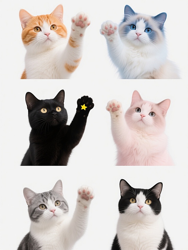 六个不同品种猫咪的集合素材，每只猫咪都以白色纯色为背景，保持着高清照片般的写实风格，画面整体色彩各不相同，每只猫咪都有着竖起前爪、一只眼睛旁带有黄色星星图案的可爱姿态，它们被规整地排布在一起，品种分别为橘白田园猫、蓝白英短、三花布偶、纯黑孟买猫、灰白美短、奶牛曼基康，色彩上涵盖暖橙色系、清冷蓝色系、柔和粉色系、神秘黑色系、经典灰色系、活泼黑白配色，每只猫咪的毛发质感细腻，眼神灵动，整体呈现出统一又各具特色的萌系治愈感。