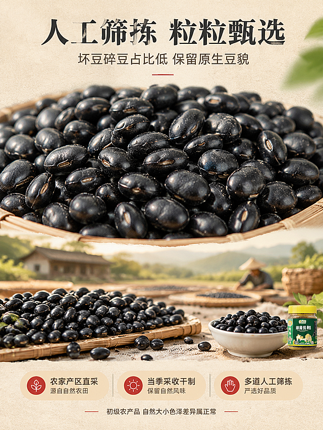 [商品] 使用【图2】【图3】碗装黑豆与【图4】平铺黑豆；保留黑豆原生形态、自然大小差异、深黑色泽与豆脐纹理；商品处理：保留豆子自然样貌与颗粒差异，轻微增强颗粒光泽与纹理清晰度，不做过度美化，保持初级农产品真实感。
[画面] 目标：成分/产地专张，强调人工筛拣·坏豆碎豆占比低与农家产区原生品质；原料微距+产地叙事结合型；上半部分为黑豆颗粒微距满版（占画面约50%），展示饱满豆粒与自然色泽差异；下半部分融入浅景深的农田/农家晒场意象（虚化处理，不抢主体）；原料元素合计占主画面≥60%，罐装仅作右下角小尺寸辅助露出。
[视觉] 套系策略：风格=家常烟火气·原生农产商业摄影；标题字=中式衬线粗体（质朴厚重）；正文字=简洁无衬线体；主色=深炭黑（豆色）+ 暖米杏；背景延展=基于暖米杏做深浅层级、同色渐变与细腻麻质/纸质质感；强调色=朱砂红，仅用于小面积图标、引线和标签；标题色=深炭灰；正文色=中暖灰；组件=圆角浅底信息卡、细线引线、豆形小图标；光影=顶部暖柔光，均匀打亮豆粒，自然颗粒阴影。
[文字] 上方主标题「人工筛拣 粒粒甄选」，副标题「坏豆碎豆占比低 保留原生豆貌」；中部配2-3个原料说明点：农家产区直采 / 当季采收干制 / 多道人工筛拣；底部小字补充「初级农产品 自然大小色泽差异属正常」；文字横排，信息卡置于画面下方留白处，不遮挡豆粒主视觉。
[规格] 国内电商详情页比例3:4（宽:高），分辨率4K，quality=medium；避免变形、错字、文字过小、豆子颜色失真、过度美化失去真实感、医疗化营养承诺、绝对化用语。