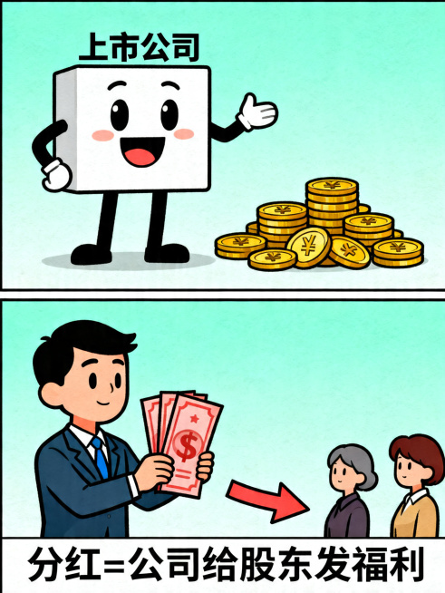 漫画分格，上边画上市公司卡通形象，旁边堆满盈利金币；下边画手持股票的散户卡通人物，有箭头连接公司和散户，在画面下方配文字"分红=公司给股东发福利"，线条简洁明快，色彩清新，美式漫画风格预览效果