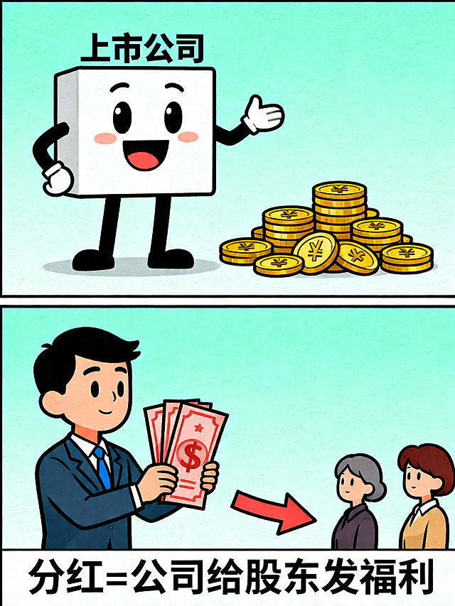 漫画分格，上边画上市公司卡通形象，旁边堆满盈利金币；下边画手持股票的散户卡通人物，有箭头连接公司和散户，在画面下方配文字"分红=公司给股东发福利"，线条简洁明快，色彩清新，美式漫画风格