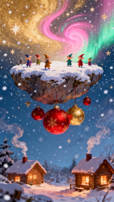 Tiny elves living on a floating snow island drifting through starry skies. Giant Christmas ornaments预览效果