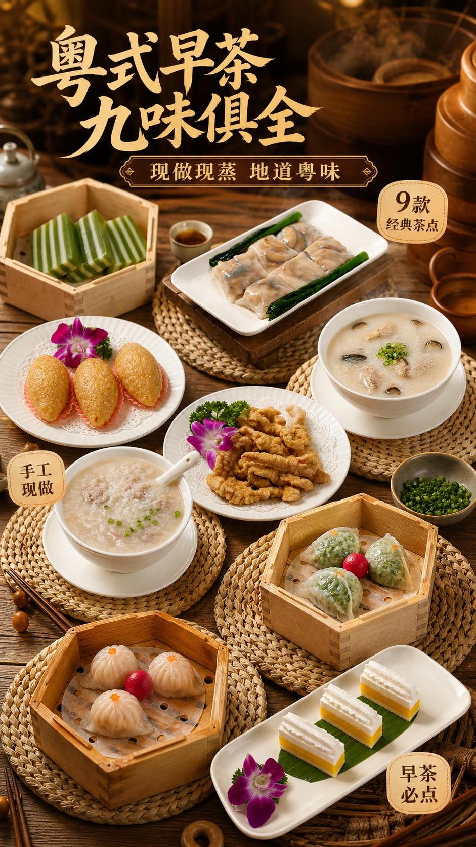 粤式早茶美食宣传海报，竖版9:16。画面中央丰盛陈列9款粤式茶… - 图片创意预览