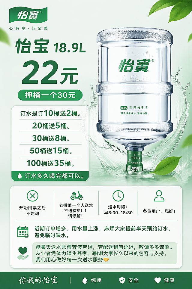 高级简约风格的怡宝品牌桶装水宣传海报，将图中的桶装水摆正提取为产品图，包含文案："怡宝18.9L22元 押桶一个30元、订水是订10桶送2桶。20桶送5桶。30桶送8桶。50桶送15桶。100桶送35桶。订水多久喝完都可以。开始用票之后不能退 老板娘一个人送水。不送楼梯！！请谅解！ 各位用户，您好！近期订单增多、用水量上涨，麻烦大家提前半天预约订水，避免临时缺水。送水时段：早8:00–18:30。 酷暑天送水师傅奔波劳碌，若配送稍有延迟，敬请多多谅解。从业者凭体力谋生养家，感谢大家长久以来的包容与支持，我们用心做好每一次送水服务🤝"，绿色品牌色调，干净清爽的宣传排版
