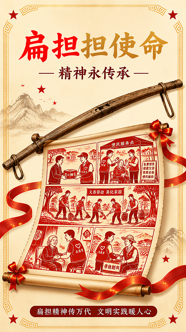 红色公益广告海报，与参考图风格、边框完全统一。参考图的矩形回纹边框：四角有回纹角花装饰，两侧是连续回纹竖边，整体矩形带切角设计，四角红色五角星，米黄色做旧纸张背景，浅赭色水墨山水点缀，飞鸟和散落小红星装饰。画面主体是一根真实质感的老扁担（木质纹理、岁月痕迹）斜置上方，下方是一幅展开的古卷轴，卷轴两端系着红绸带蝴蝶结，卷轴画面以红色剪纸分镜连环画形式展现新时代文明实践场景，分为多个小画面：党员志愿者送物资、便民服务、义务劳动、帮扶老人等，人物为红色剪纸风格。红绸带环绕飘动，带金色光点。顶部主标题大字书法体，首字红色其余金色渐变：「扁担担使命」。副标题深色楷书两侧横线：「—— 精神永传承 ——」。底部深红色圆角矩形底栏，内有白色文字「扁担精神传万代 文明实践暖人心」。边框样式必须与参考图完全一致，形成系列感。画面文字清晰可读，排版精美。