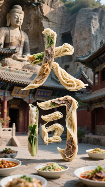 文字“大同”的所有笔画都由实物元素（刀削面、羊杂粉等当地特色食物）拼接组合而成，石窟大佛、古建做装饰，背景大同古建预览效果