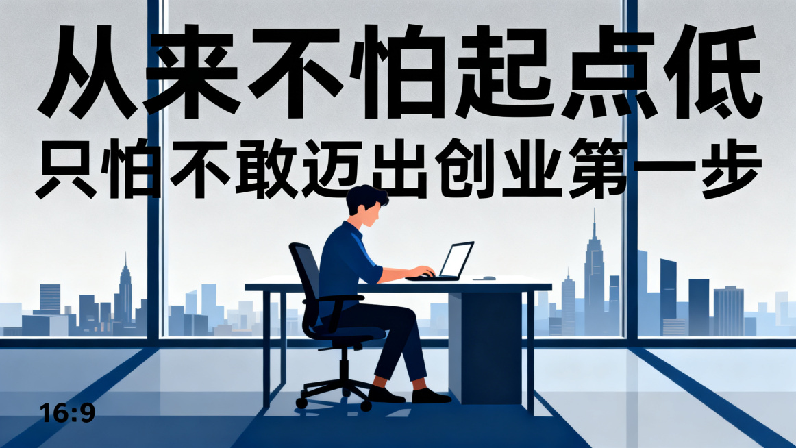 16:9比例的海报，风格商务扁平风，主标题文字："从来不怕起点低"，副标题文字："只怕不敢迈出创业第一步"，主副标题分明，字体采用黑体，画面搭配一个年轻创业者在办公桌前打字的商务人物，背景是现代化城市预览效果