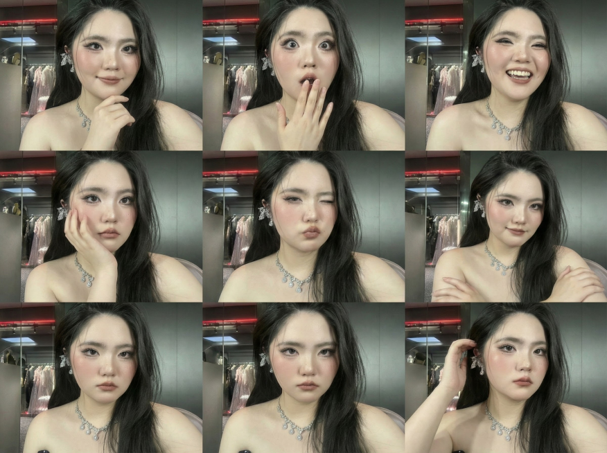 保持人物主体不变，创作一组写实风格表情包，包含表情不同、姿势不同的九宫格表情包，表情变化较大，姿势优雅端庄预览效果