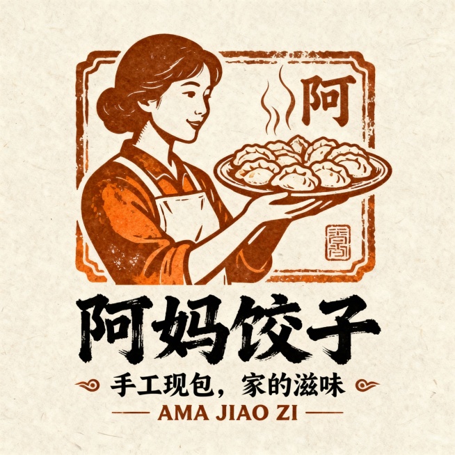 以温暖怀旧的棕褐色调为主，采用手绘雕刻质感的视觉风格，呈现一位系着围裙的女性侧影温柔托举一盘热气腾腾饺子的场景，背景融入“阿”字印章式边框设计；下方主标题“阿妈饺子”使用粗犷有力的手写书法字体，搭配“手工现包，家的滋味”副标题与英文“AMA JIAO ZI”，整体构图居中对称、留白适度，营造亲切、传统、充满烟火气的家庭氛围，强调手工温度与情感联结，可适当调整色彩饱和度或引入暖橙/赭石等邻近色增……预览效果
