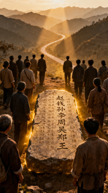 根据歌词"一百二十三个姓，刻进中华骨脊，解手回头那一刻，就是故乡的消息"创作9:16竖图，画面展现迁徙路上人们回头望向故乡方向的瞬间，苍劲的石碑上隐约刻着百家姓，整体氛围厚重深情，传递血脉传承的故乡情预览效果