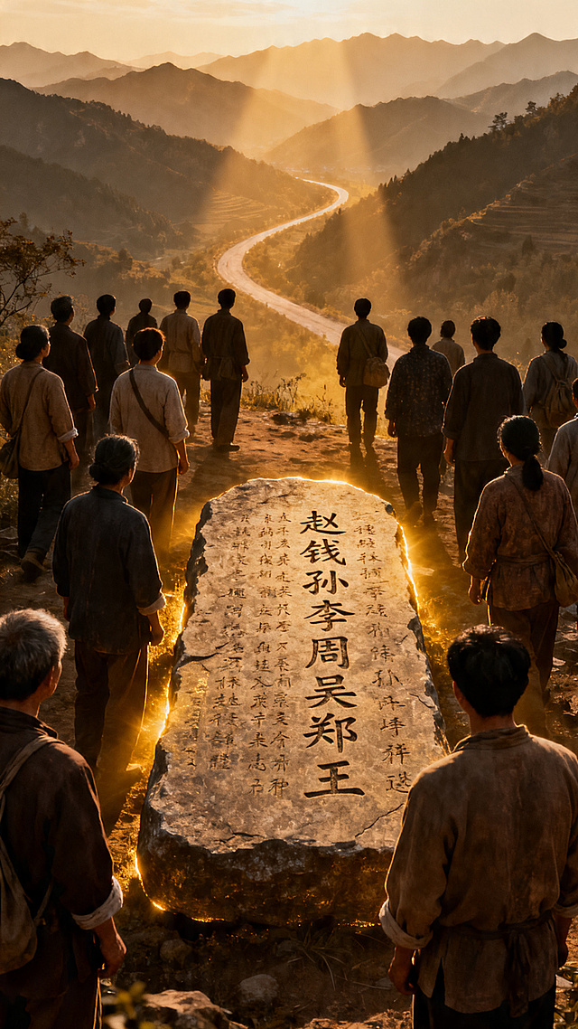 根据歌词"一百二十三个姓，刻进中华骨脊，解手回头那一刻，就是故乡的消息"创作9:16竖图，画面展现迁徙路上人们回头望向故乡方向的瞬间，苍劲的石碑上隐约刻着百家姓，整体氛围厚重深情，传递血脉传承的故乡情结，色调沉稳大气。
