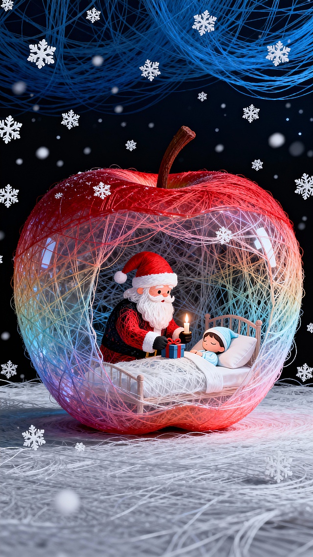 主体是一个巨型红苹果，里面有圣诞老人和睡觉的小人，拿着蜡烛在正在熟睡的微缩小人的床头放礼物，飘雪的夜晚