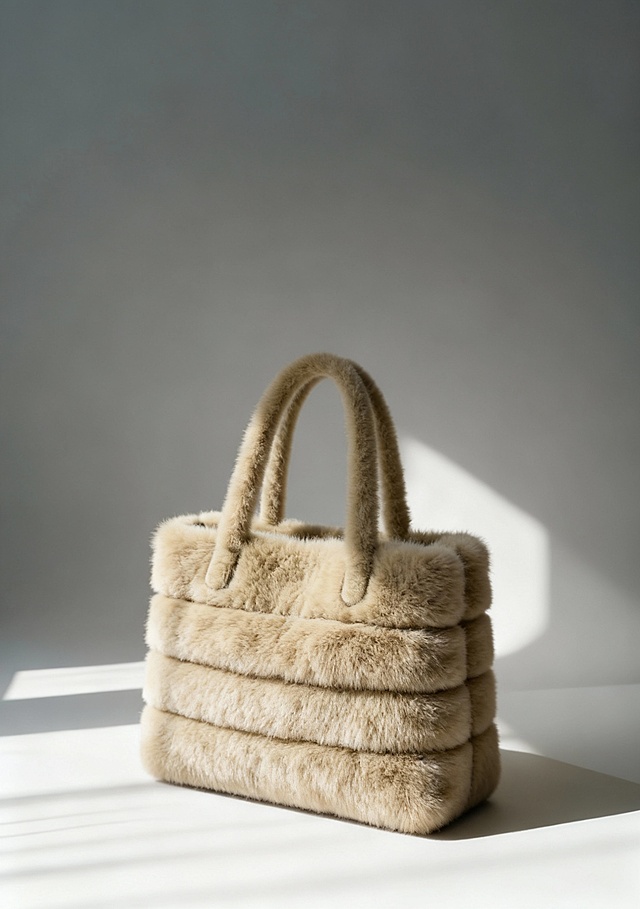 毛发生长风毛绒手袋，重拟物质感，简约主义设计，融合时尚与优雅，柔和光影凸显细腻触感。