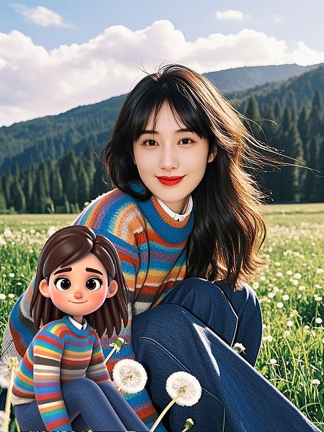 女孩坐在草地上