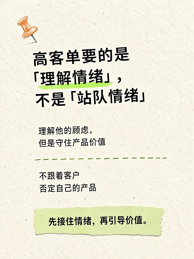 小红书笔记正文图，米白纸张手绘感风格，与上一版板式一致：米白色真实粗糙纸张纹理底（带纤维颗粒）、左上角歪斜手绘橙色图钉、系统原生黑体、绿色荧光笔手绘高亮、手绘虚线分段、行间距略有不均的手工感、留白充足、版式精美、小红书笔记质感。小标题逐字锁定：「高客单要的是「理解情绪」，不是「站队情绪」」。小标题为黑色粗原生黑体，左对齐，「理解情绪」下方有绿色荧光笔手绘高亮条，标题略微有点歪。下方正文两段，黑色原生常规黑体，左对齐，行间距略有不均：第一段：「理解他的顾虑，但是守住产品价值」；第二段：「不跟着客户否定自己的产品」。中间一条手绘绿色虚线分隔（线条略有抖动）。底部浅绿色便签条（边缘略不规则），内有黑色加粗字：「先接住情绪，再引导价值。」。装饰元素：左上角手绘橙色图钉一枚（歪斜）；手绘虚线（线条抖动）；便签纸边缘不规则；纸张有真实粗糙纹理和颗粒噪点；行间距和对齐略带不完美。字体：系统原生黑体风格，朴素无花体。氛围：认知升级、正确方法、专业态度。画质：高清细腻，浅底深字+绿色点缀强对比，文字完整处于安全区内，四周留安全边距。画面比例3:4，4K。