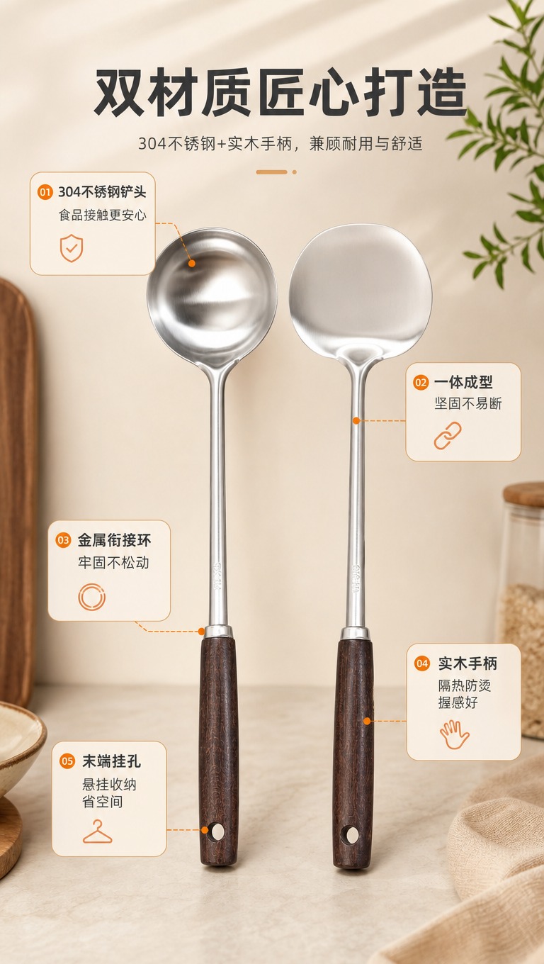 [商品] 使用【图1】304不锈钢木柄锅铲汤勺套装；保留汤勺与… - 图片创意预览