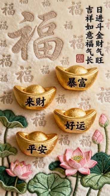 一幅以发财为主题的毛绒质感刺绣壁纸，9:16竖版,4个 立体金色元宝, 分别刻字“来财”“暴富”“好运”“平安”, 粉色荷花 绿色荷叶装饰, 浅米色背景, 点缀各种书法“福”字暗纹刺绣, 竖排吉祥语预览效果