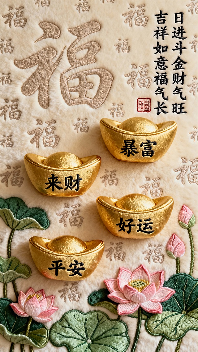 传统风格中式刺绣风，金锭重拟物设计，工笔莲花点缀，浮雕质感福字背景，喜庆复古，寓意吉祥如意，平安好运才是真正的财富。