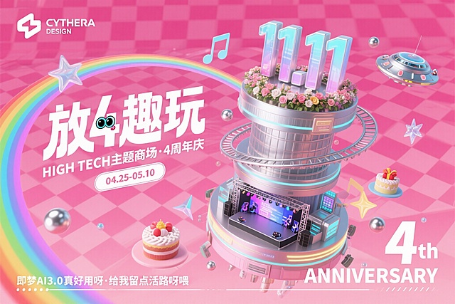软3D风融合未来感与梦幻感，霓虹灯色调搭配金属质感塔楼，卡通化飞碟与彩虹元素营造趣味可爱氛围，微缩艺术场景呈现虚拟现实庆典。