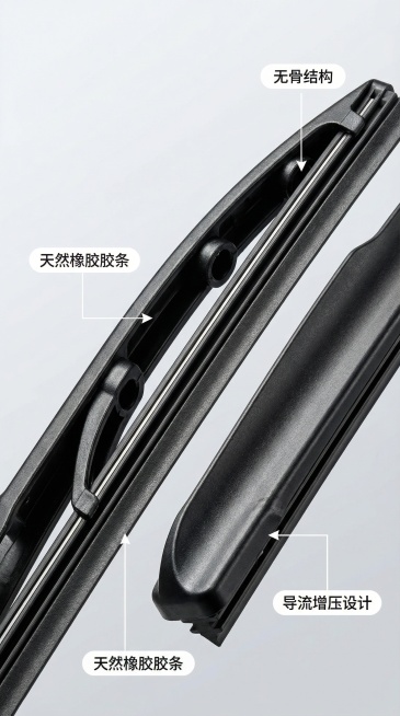 特写展示顶刮刮无骨雨刮器的胶条材质、导流板结构、多点支撑细节，用简洁文字标注"无骨结构""天然橡胶胶条""导流增压设计"，背景采用浅灰色突出产品质感预览效果