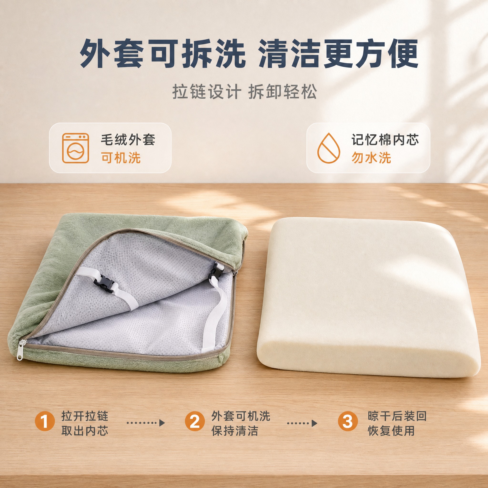 [主图-7] 学生坐垫教室椅垫 拆洗维护与外套可脱卸展示。 [… - 图片创意预览