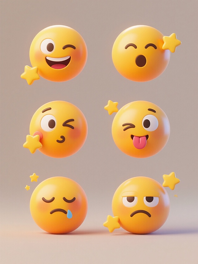 一系列6个不同表情的3D立体黄色圆形表情图标，保持与原图一致的圆润光滑质感、明亮橙黄色渐变、柔和高光与阴影效果、简洁可爱风格，表情包括：眨眼微笑、惊讶睁眼、嘟嘴亲吻、调皮吐舌、委屈撇嘴、冷静酷脸，每个表情图标周围点缀2-3颗小黄色星星，所有图标排列规整，背景为纯色，无文字、二维码及其他装饰元素。