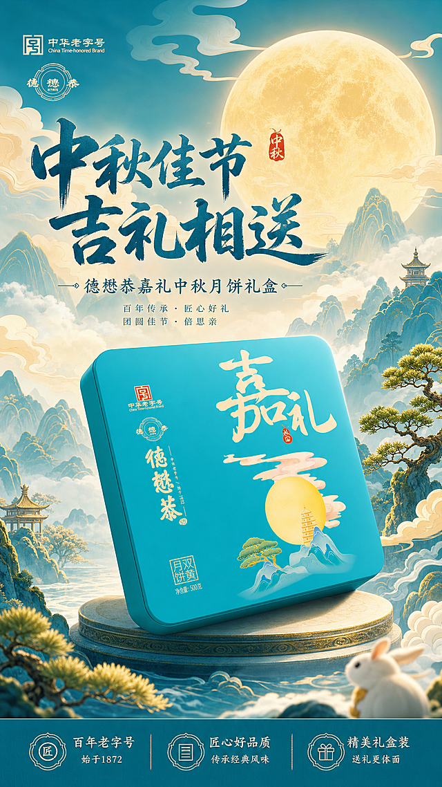 设计一张中秋海报，把图中的德懋恭嘉礼中秋月饼礼盒放在画面主体位置，整体国潮风格，青蓝色搭配米黄色，背景是中秋圆月、祥云和中式山水，添加文案“中秋佳节 吉礼相送”，突出中秋节日氛围和产品质感