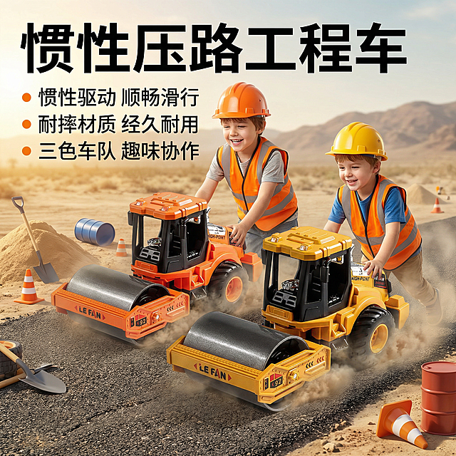 三张图合为一张图，尺寸为电商主图尺寸，三辆不同颜色的压路工程车，在修路场景里，协作工作，旁边增加小朋友操作，增加电商卖点