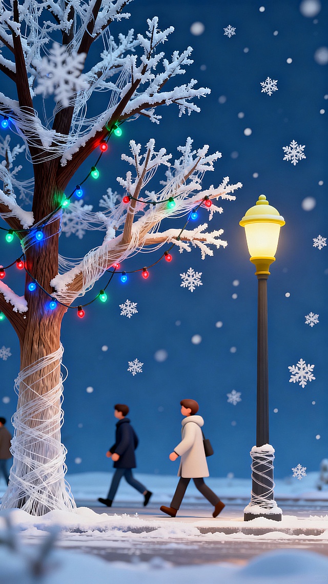 冬日的都市街头，行人匆匆而过，每个人都裹着厚厚的冬衣，街道两旁的树木挂满了冰雪和彩灯，暖黄色的路灯下雪花缓缓飘落，营造出温馨而又寒冷的城市夜景