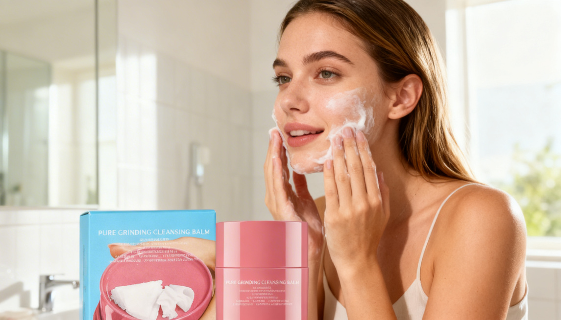 粉色罐装PURE GRINDING CLEANSING BALM洁面膏，保持产品主体特征和文字信息不变，欧美年轻女性在清晨的卫生间使用这款洁面膏洗脸，自然清新氛围，明亮自然光，超清画质，日常美妆护肤场预览效果