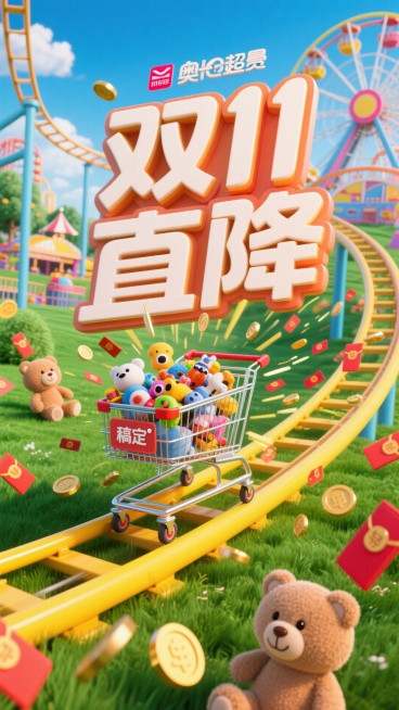 主视觉为装满各种奥科曼玩具的购物车在黄色过山车轨道上快速滑行，购物车上写“双11直降”，背景包含摩天轮、游乐设施。草地上有小熊、“稿定”玩偶。很多红包和金币在购物车旁呈放射性从远处向屏幕前来。预览效果