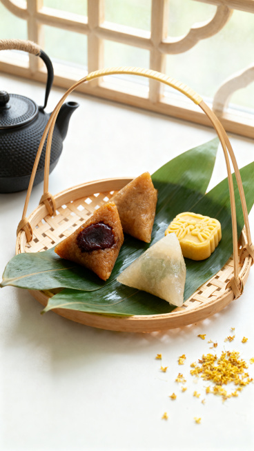竹编提篮里摆放着蜜枣粽、清水粽和绿豆糕，粽叶铺底，旁边放着茶壶，散落的桂花点缀，窗边柔和自然光，浅景深，干净背景，暖色调，美食商业摄影，高级感，新中式美学，8K 高清，细节细腻，无多余杂物，画面干净，预览效果