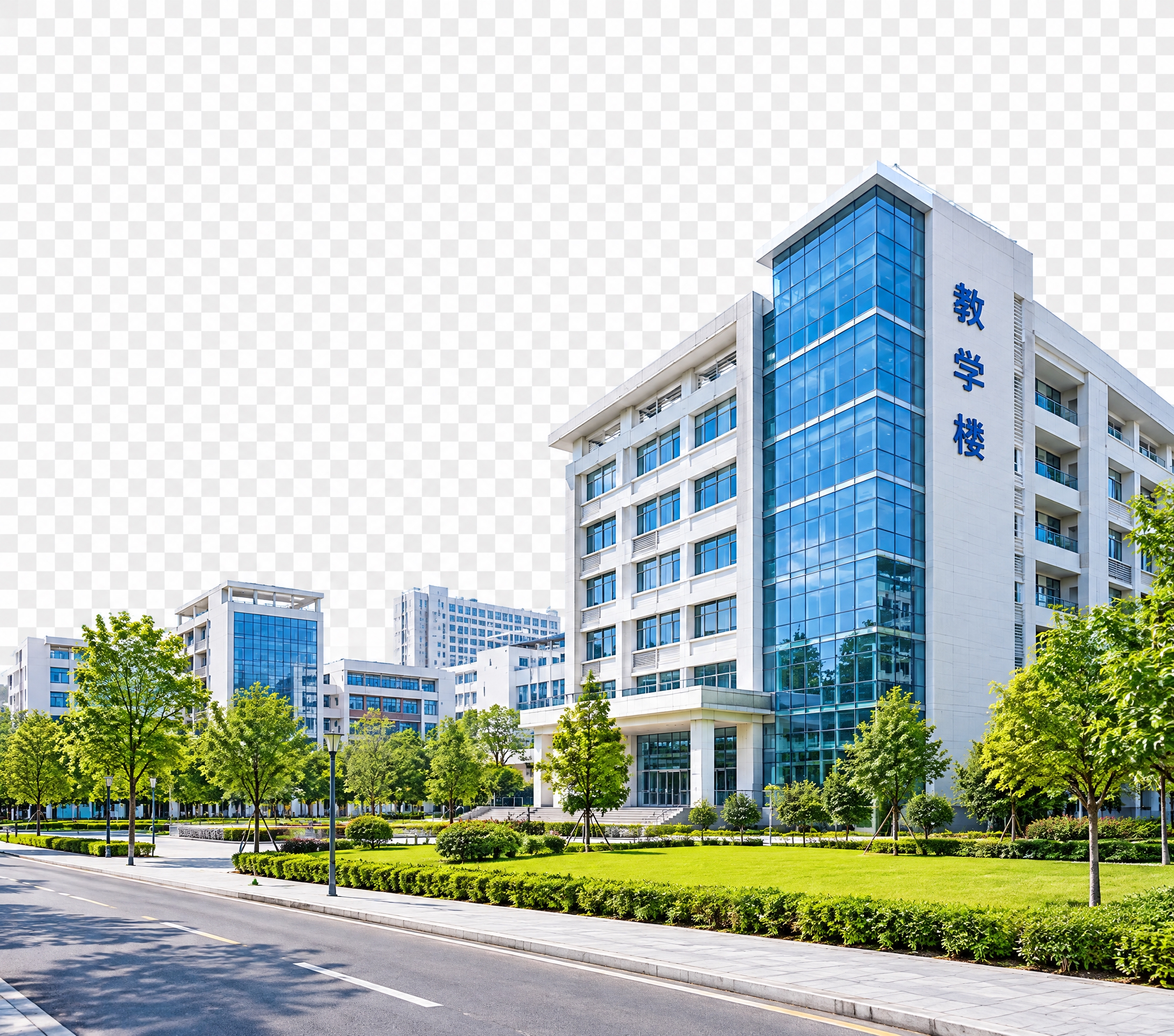 现代大学校园教学楼建筑群，右侧是一栋白色多层教学楼带有蓝色玻璃… - 图片创意预览