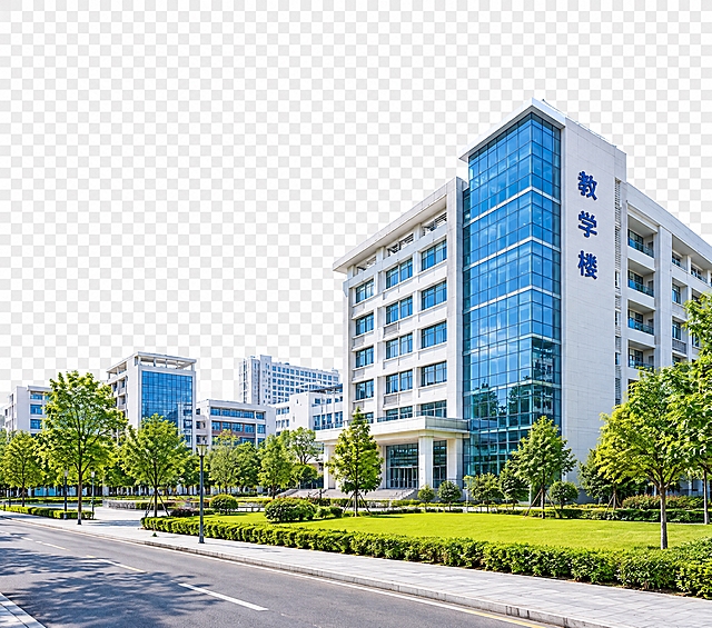 现代大学校园教学楼建筑群，右侧是一栋白色多层教学楼带有蓝色玻璃幕墙，楼体侧面有竖排蓝色"教学楼"三个字，远处是多栋现代校园建筑，前方有绿树草坪和道路，蓝天白云背景，写实风格，高清细节，透明背景，无背景，PNG格式