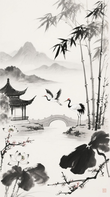 中国水墨画风格，以浓淡不一的墨色描绘不同形态的古风元素，如挺拔的翠竹枝干与飘逸竹叶、层叠的远山轮廓、弯曲的小桥流水、古朴的亭台楼阁飞檐、展翅的仙鹤、绽放的梅花或荷花，笔触运用写意手法，线条简练流畅，墨色晕染自然，留白恰到好处，营造出清雅悠远、宁静淡泊的东方意境，整体构图疏密有致，兼具传统水墨的韵味与空灵之美。预览效果
