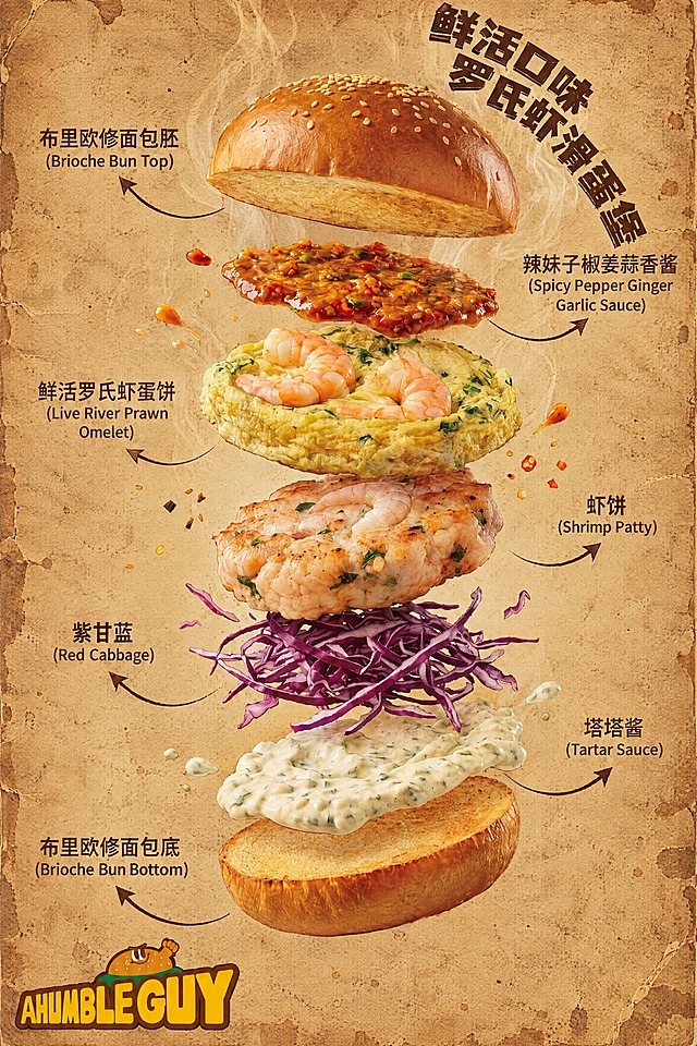 去除右下角的小红书水印和小红书号文字，将背景替换为复古牛皮纸质感背景，带有做旧纸张纹理，保留所有主体内容：悬浮分层的罗氏虾滑蛋堡（布里欧修面包胚、辣妹子椒姜蒜香酱、鲜活罗氏虾蛋饼、虾饼、紫甘蓝、塔塔酱、布里欧修面包底）、所有中文和英文标注文字、箭头指示线、左下角AHUMBLEGUY品牌logo，食物热气和酱汁飞溅效果保留，整体复古手绘美食海报风格，高清质感