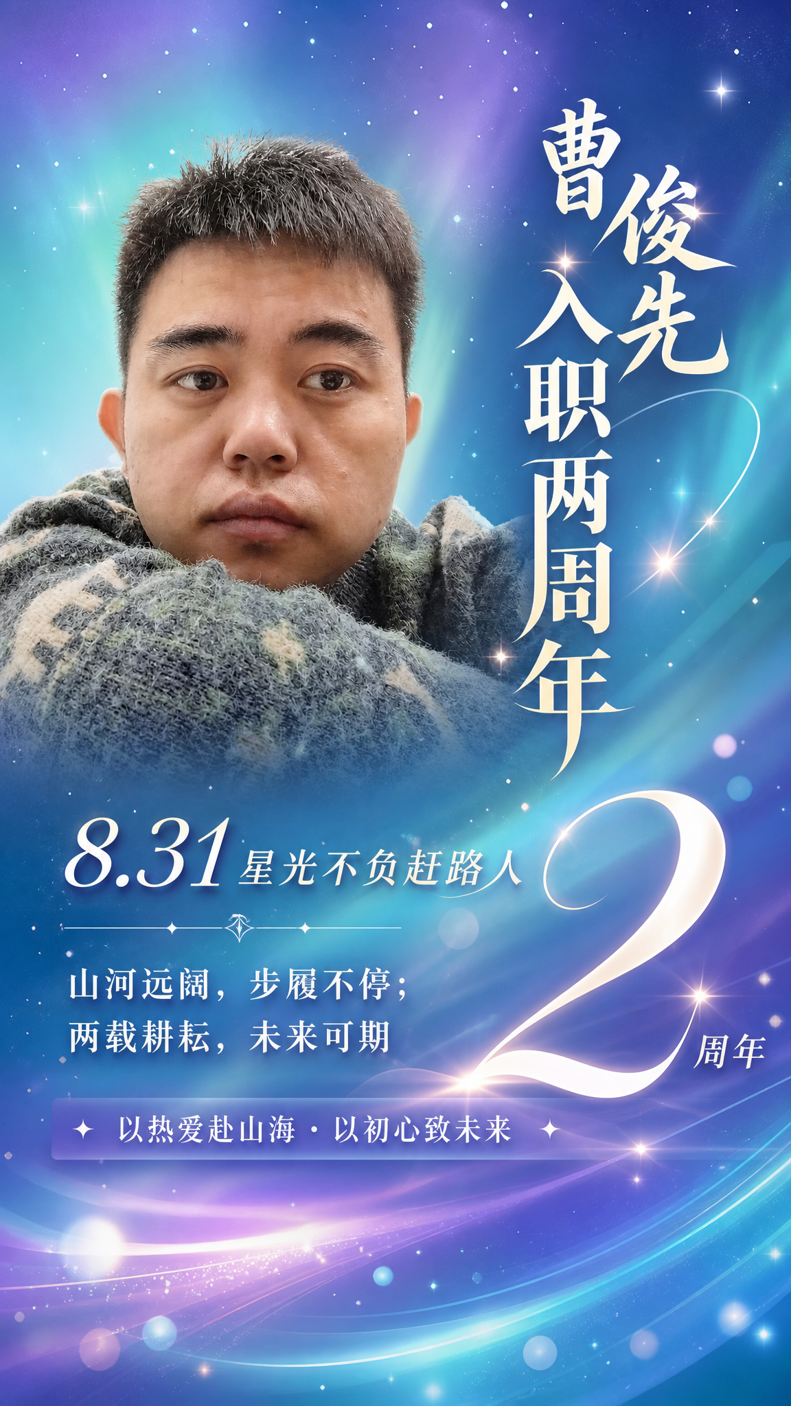 基于这张人物照片制作一张入职2周年纪念海报，竖版9:16。保留… - 图片创意预览