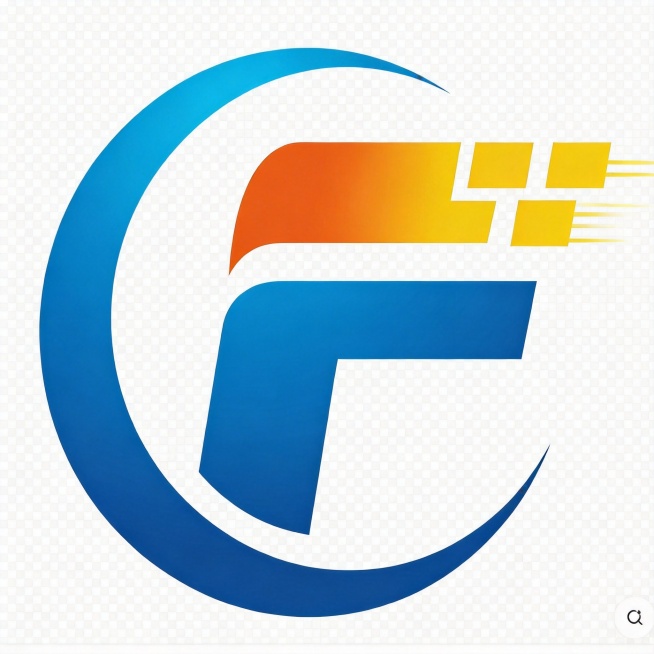 干净的透明背景。企业logo设计，结合字母Q和F，参考示例图片的风格：蓝色环形外框包裹字母，F部分上半段为橙色渐变到黄色，带有四个黄色方形速度装饰，整体采用蓝橙黄渐变色块拼接，商务简约风格，仅包含字母预览效果