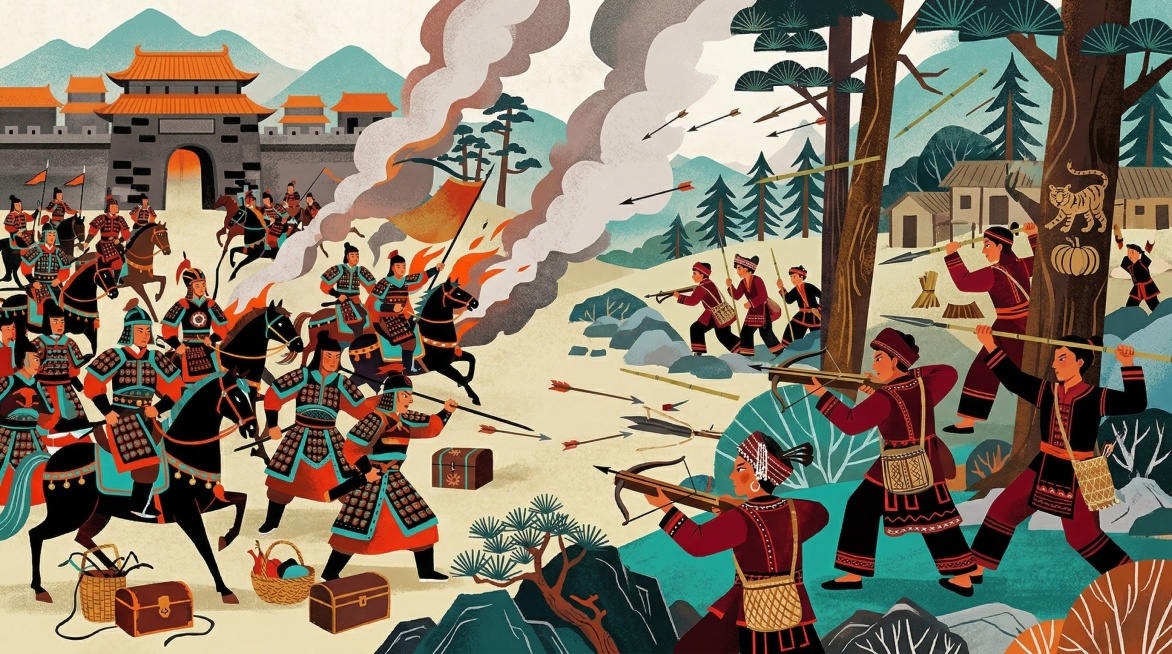 全新原创横版扁平绘本插画，汉族官府派兵马前来收取赋贡，拉祜族人拿起弩弓和竹梭标奋起反抗官兵入侵，战场弥漫着战斗硝烟，双方激烈对战，完全沿用参考图的民族扁平插画风格，融入拉祜族传统红黑配色，展现拉祜人民预览效果