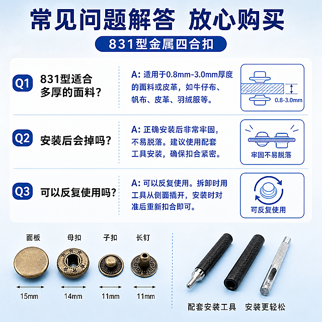 [主图-24] 831型金属四合扣 常见问题解答图。
[统一基调] 淘宝五金配件风格 浅蓝白背景 主标题深蓝粗黑体 问题黑色 答案蓝色 整体清晰答疑感。
[画面] 画面左侧竖排三个常见问题 Q1 831型适合多厚的面料 Q2 安装后会掉吗 Q3 可以反复使用吗 每个问题右侧对应答案和小示意图 顶部大标题 常见问题 放心购买 底部放四合扣和工具小图。
[光影质感] 信息图风格 小示意图清晰简洁 文字易读 整体干净规整。
[配色] 背景浅蓝白渐变 主标题深蓝色 问题黑色 答案蓝色 图标蓝色线条。
[文字版式] 顶部深蓝色大标题 常见问题解答 三条问答上下排列 问题加粗 答案常规字 右侧配小图标 字体统一黑体 清晰易读。
[输出要求] 1:1正方形 2048x2048 文字清晰易读 排版规整 负向 变形 错字 模糊 杂乱