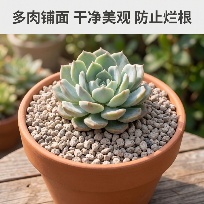 [主图 7] 轻石实际使用场景展示图，真实自然场景风格。氛围风格：真实园艺使用场景；画质：商业摄影质感、光线柔和通透、产品清晰真实、画面干净高级。元素：展示多肉盆栽，盆土表面铺好轻石颗粒的真实使用效果预览效果