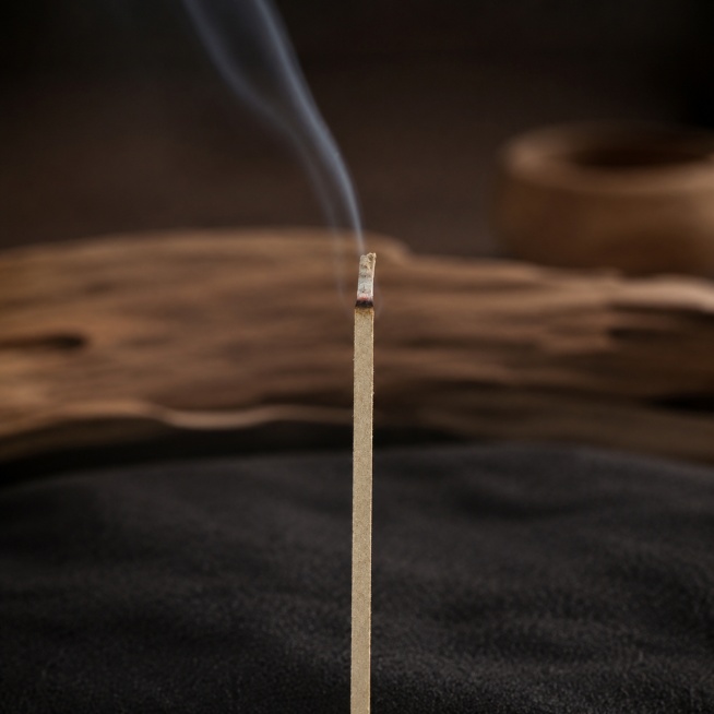 芽庄虫漏沉香线香电商主图，要求：1.保留产品原有外观，不改变产品大小、颜色、形状、文字；2.仅去除产品包装外原有的所有文字，不添加任何新文字；3.更换为素雅禅意风格的深色绒面+浅木背景，风格古朴统一；预览效果